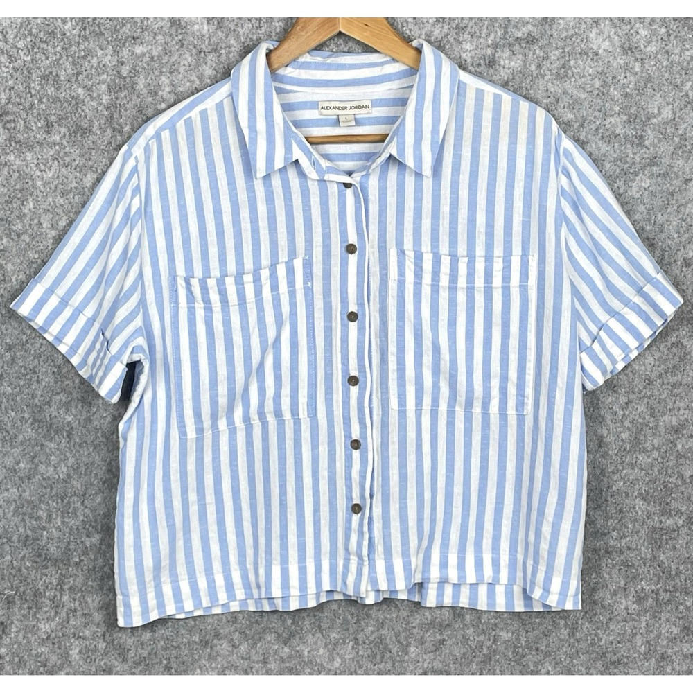 Preppy Coastal Linen Blend Striped Boxy Top Womens L Euro Summer Beach Relaxed - Picture 1 of 8